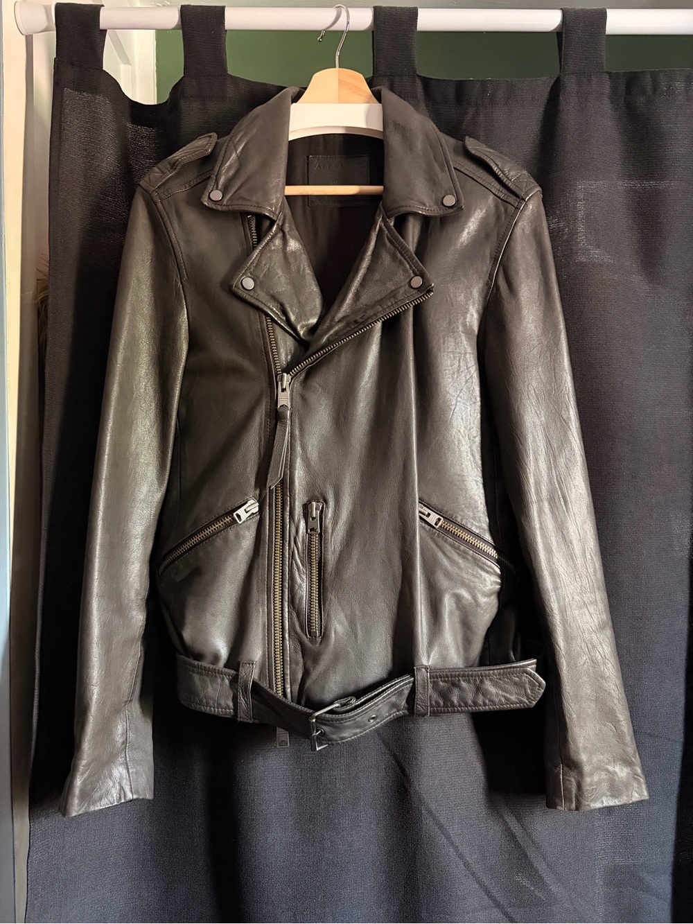 AllSaints Black Leather Biker Jacket with Zipper Details